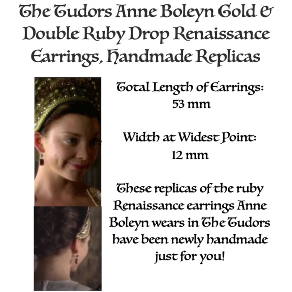 Tudors Anne Boleyn Gold & Double Ruby Renaissance Earrings, Handmade Replicas - Picture 13 of 14